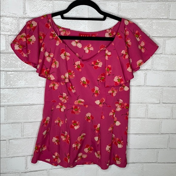 Elle Tops - Elle Pink Floral Flutter Sleeve Short Sleeve Top